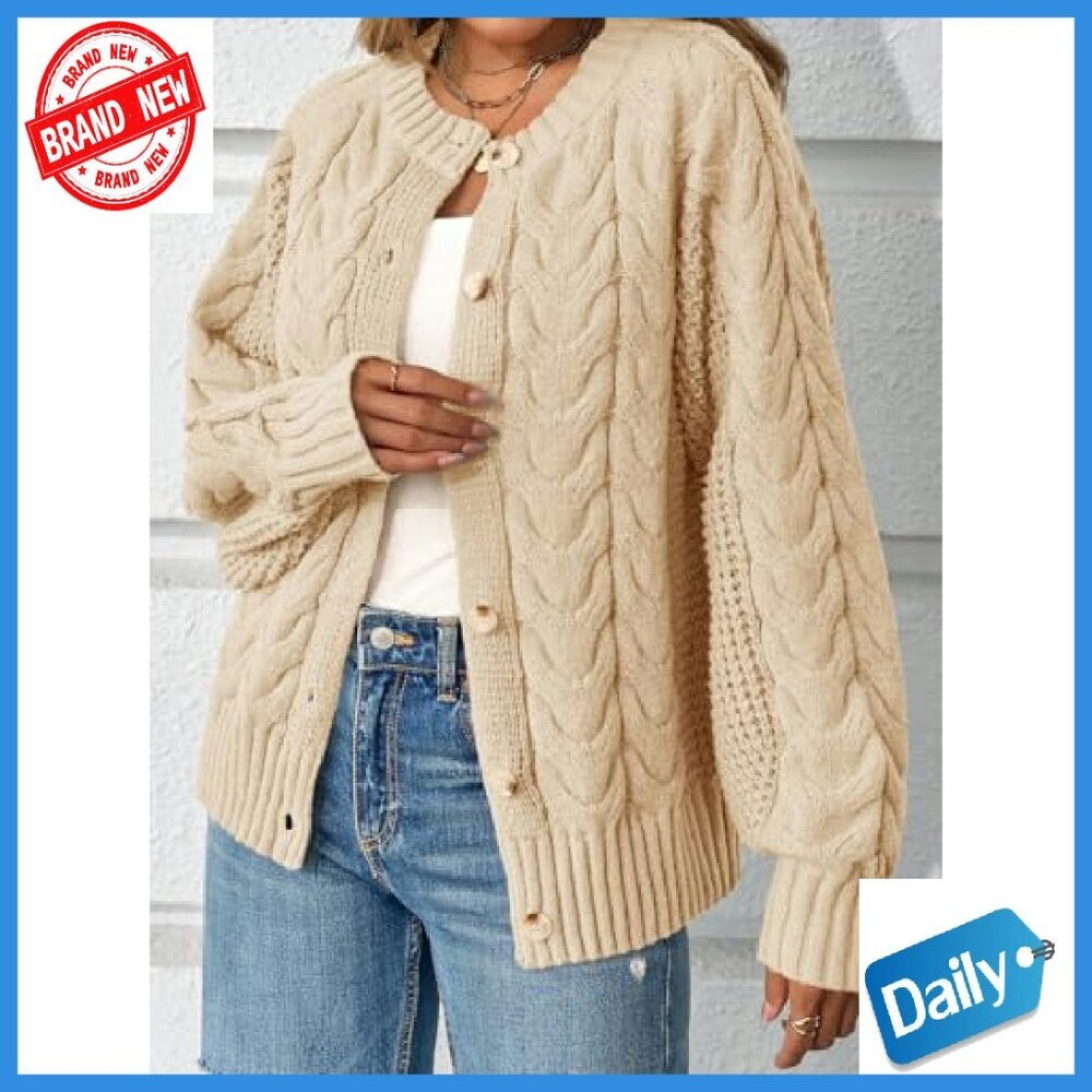 Cable Knit Cardigan Sweater Loose Fit Button Up Crew Neck Long Sleeve - Picture 5 of 8